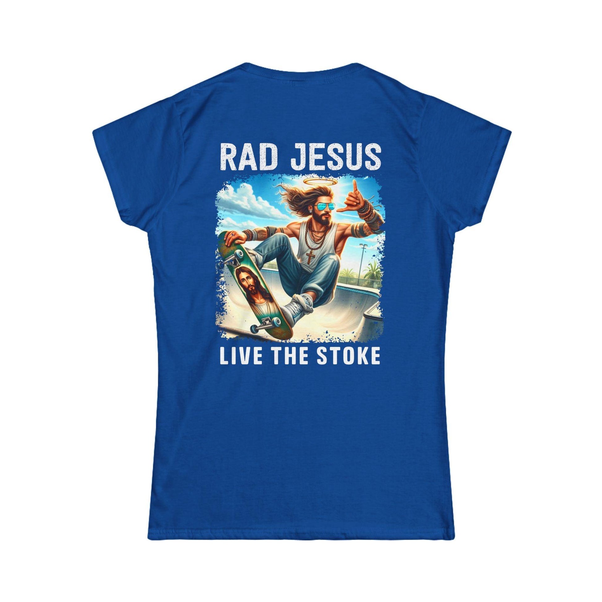 back of blue women's double sided shirt