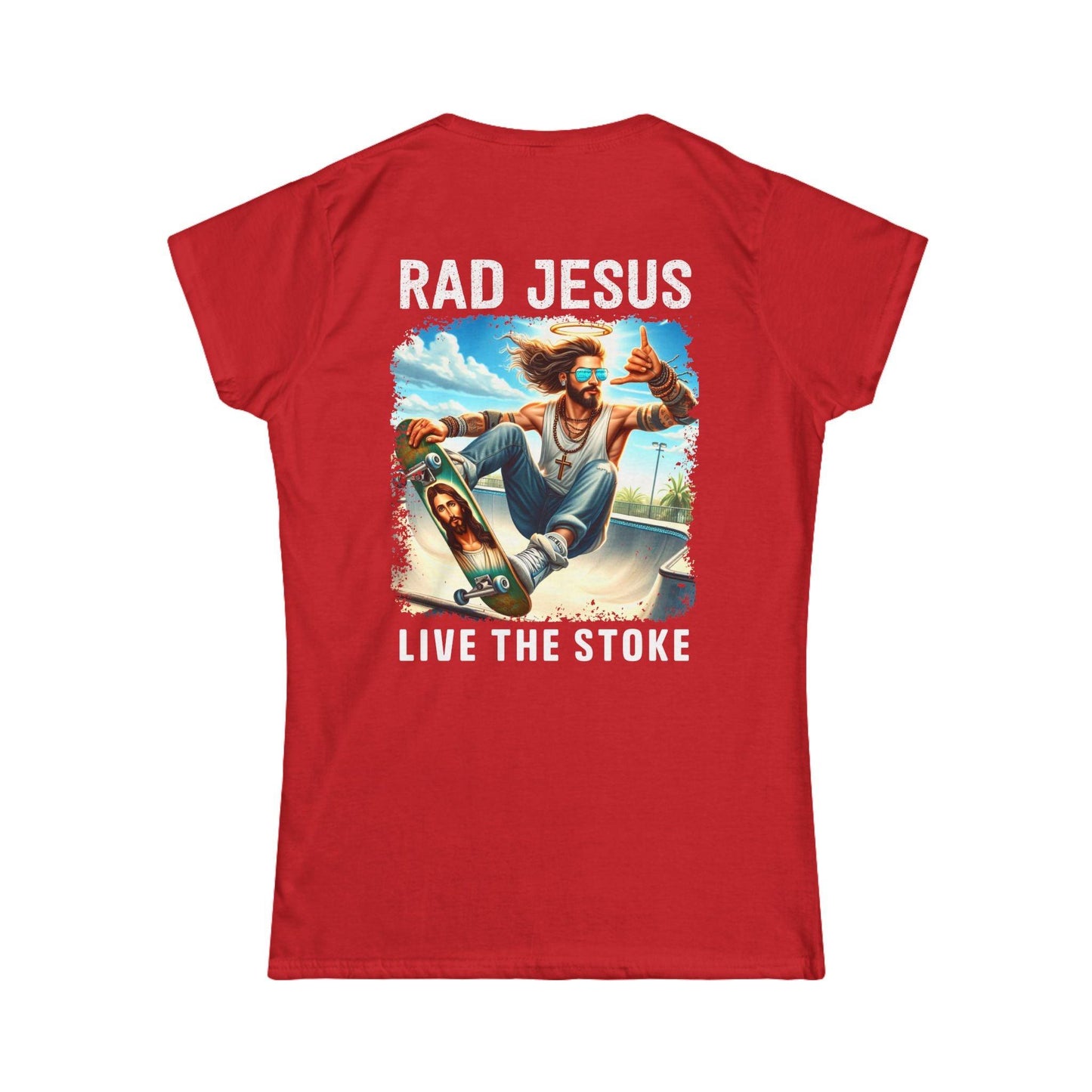 back of red women's double sided shirt