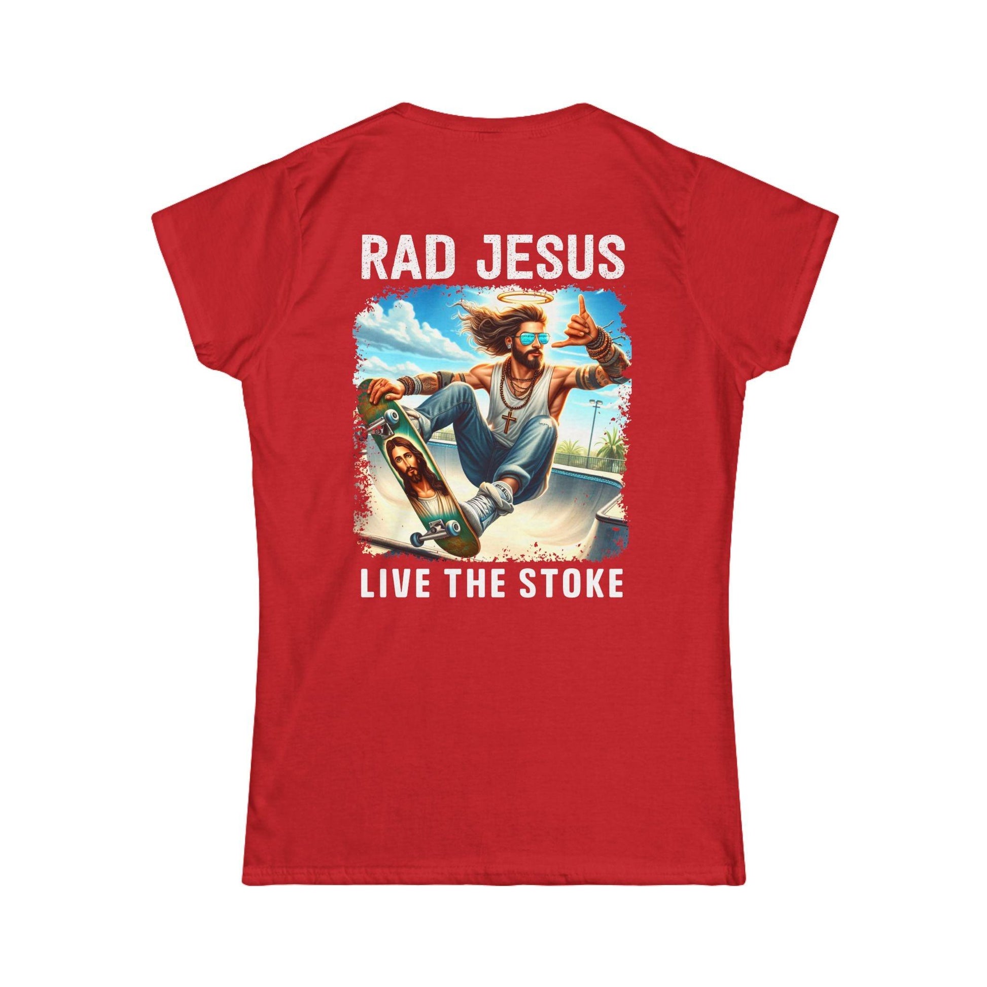 back of red women's double sided shirt