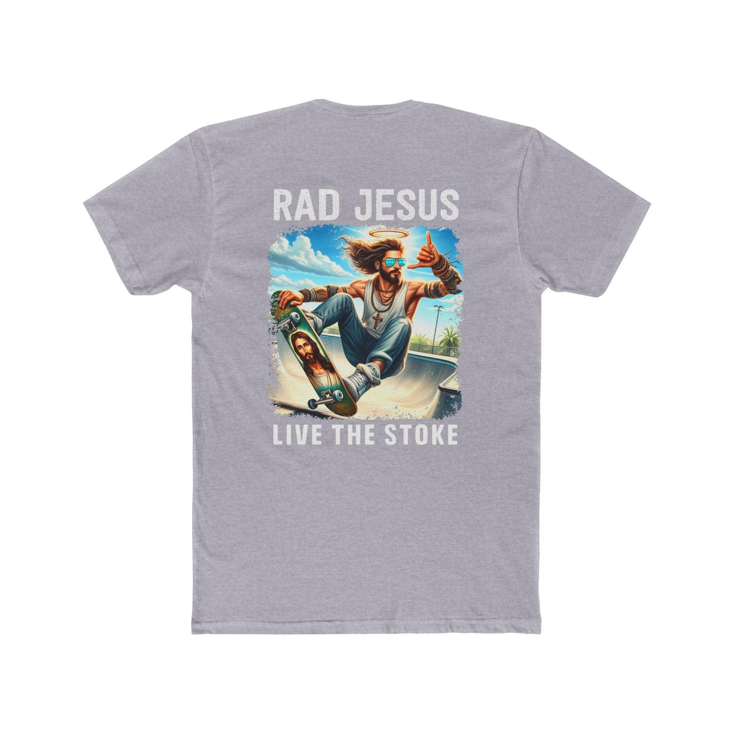 front of light grey double sided skater t-shirt