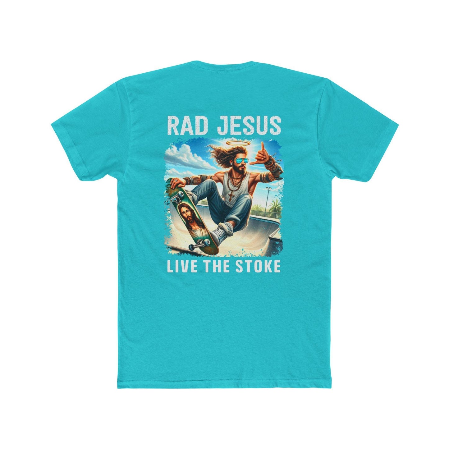 front of aquamarine double sided skater t-shirt