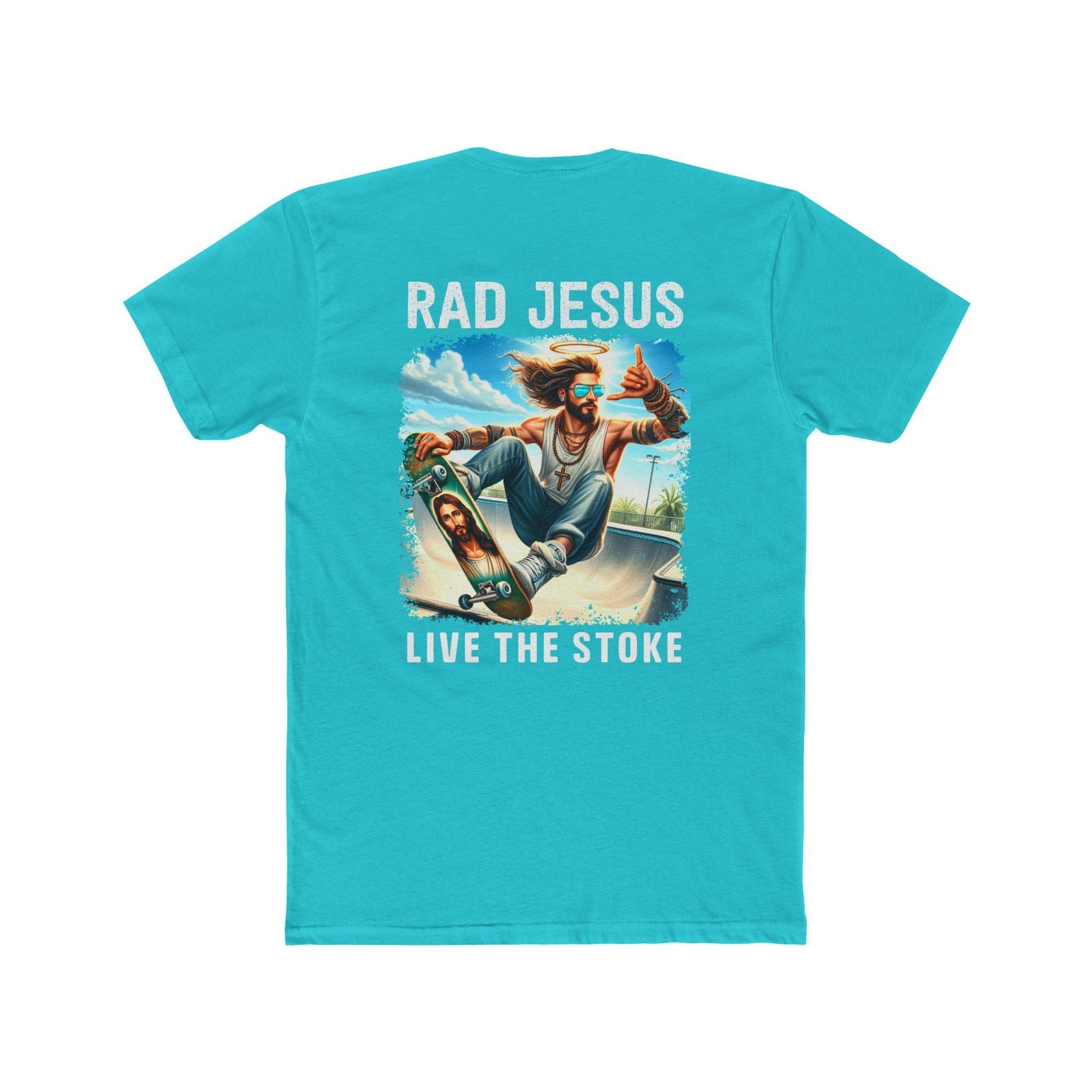 front of aquamarine double sided skater t-shirt