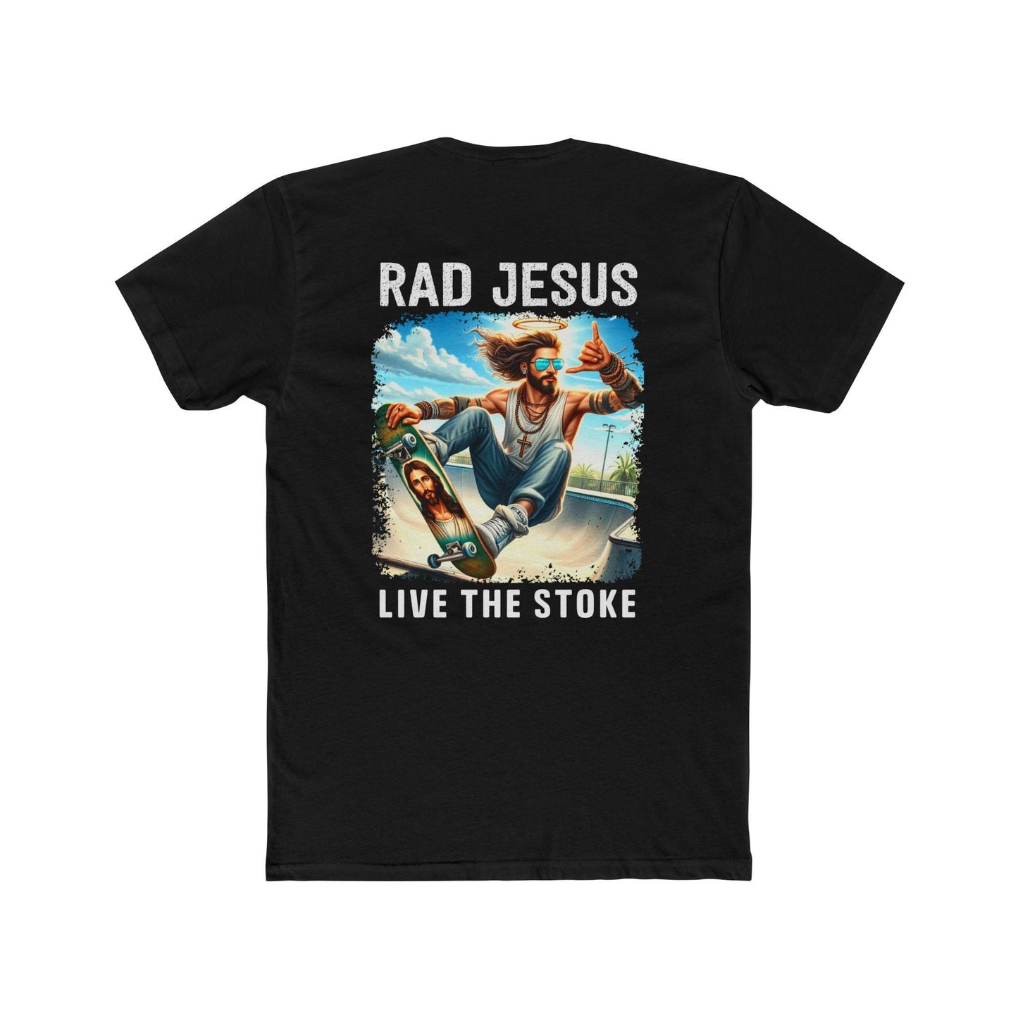 front of black double sided skater t-shirt