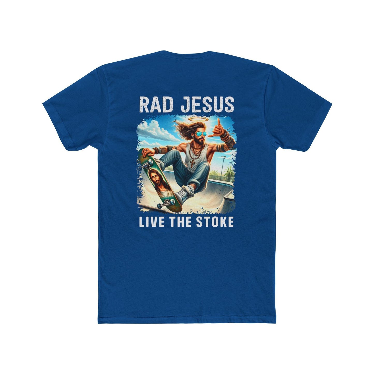 front of blue double sided skater t-shirt