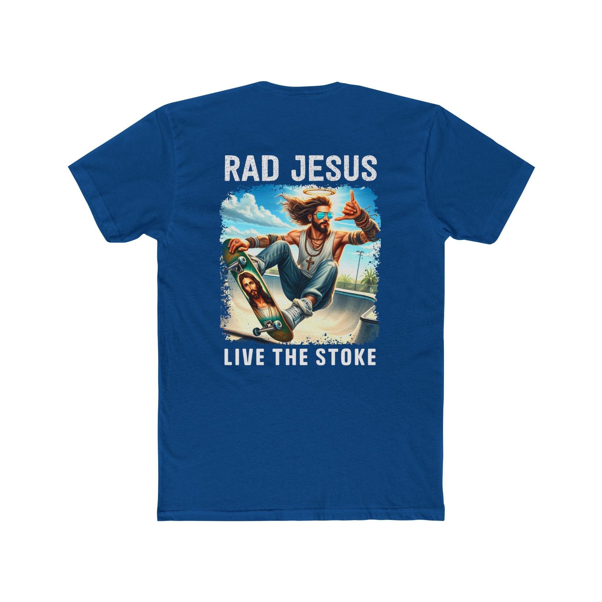 front of blue double sided skater t-shirt