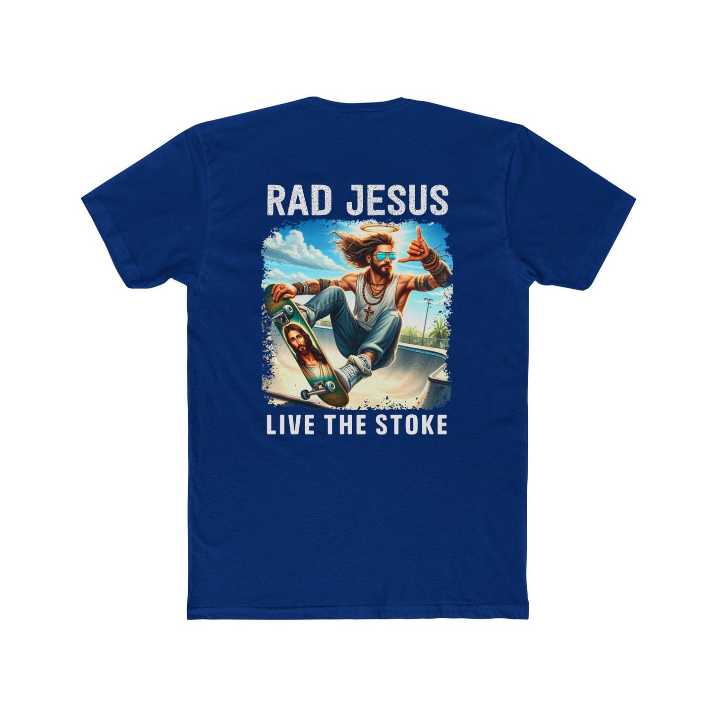 front of darker blue double sided skater t-shirt