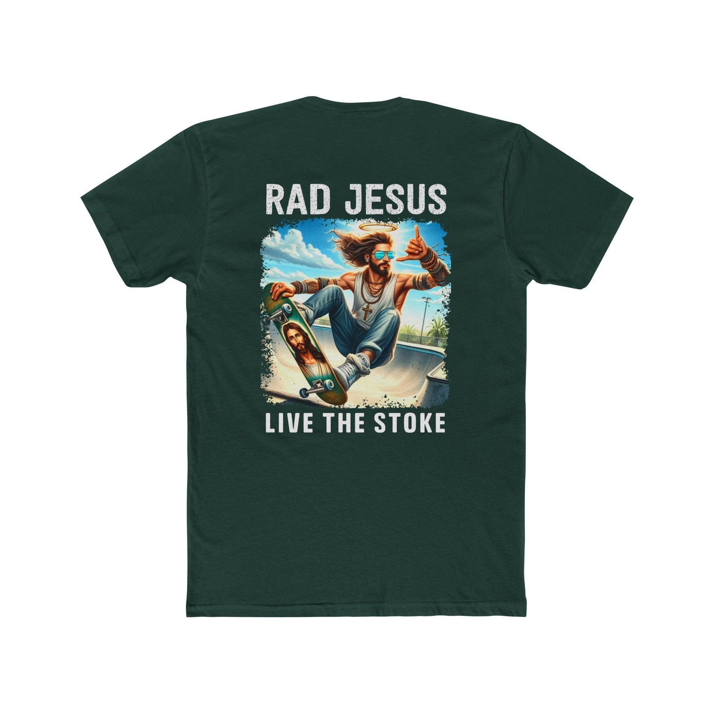 front of darker green double sided skater t-shirt