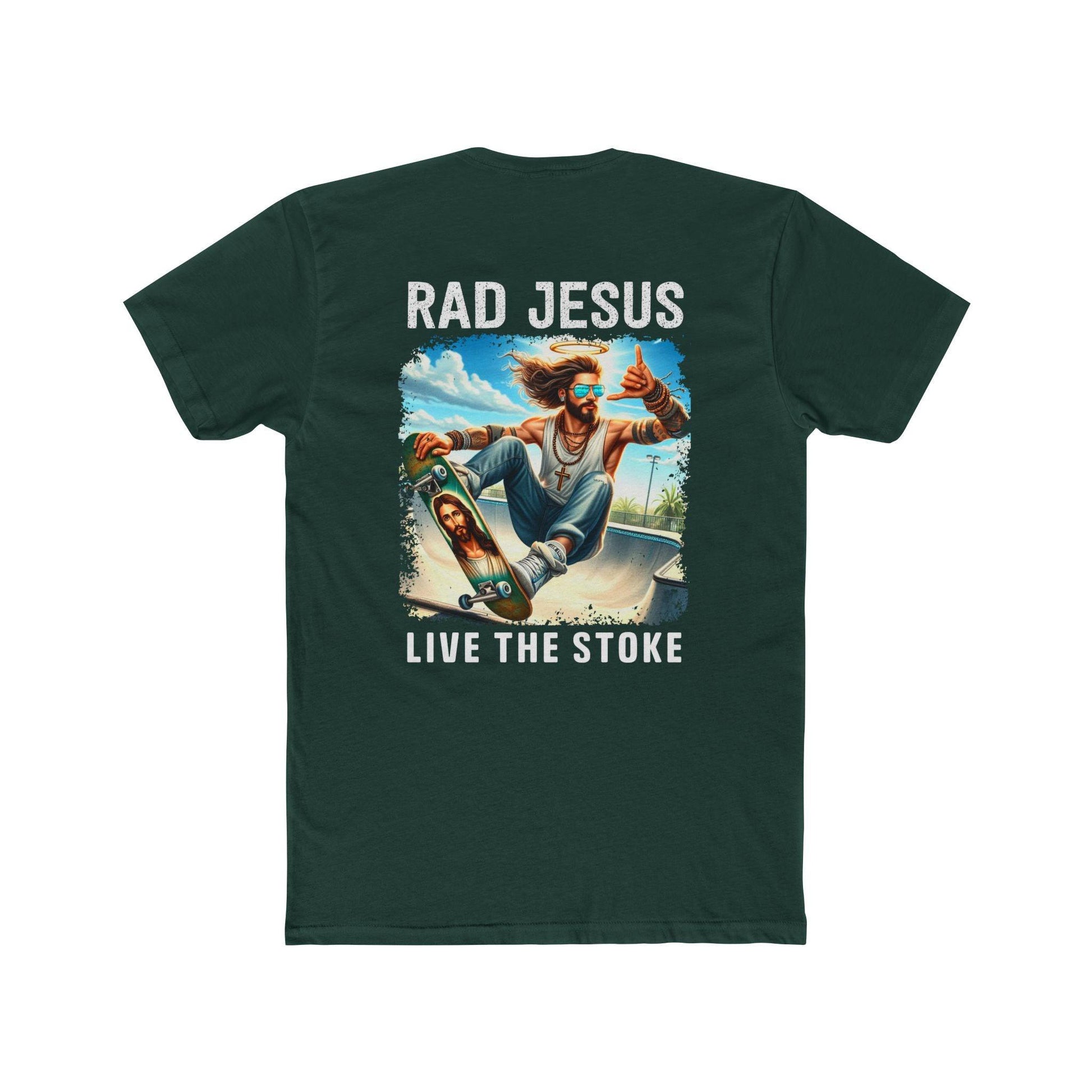 front of darker green double sided skater t-shirt