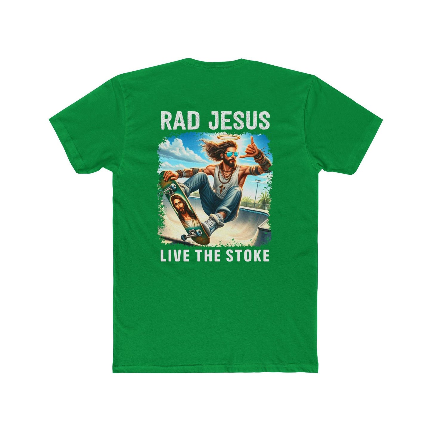 front of green double sided skater t-shirt
