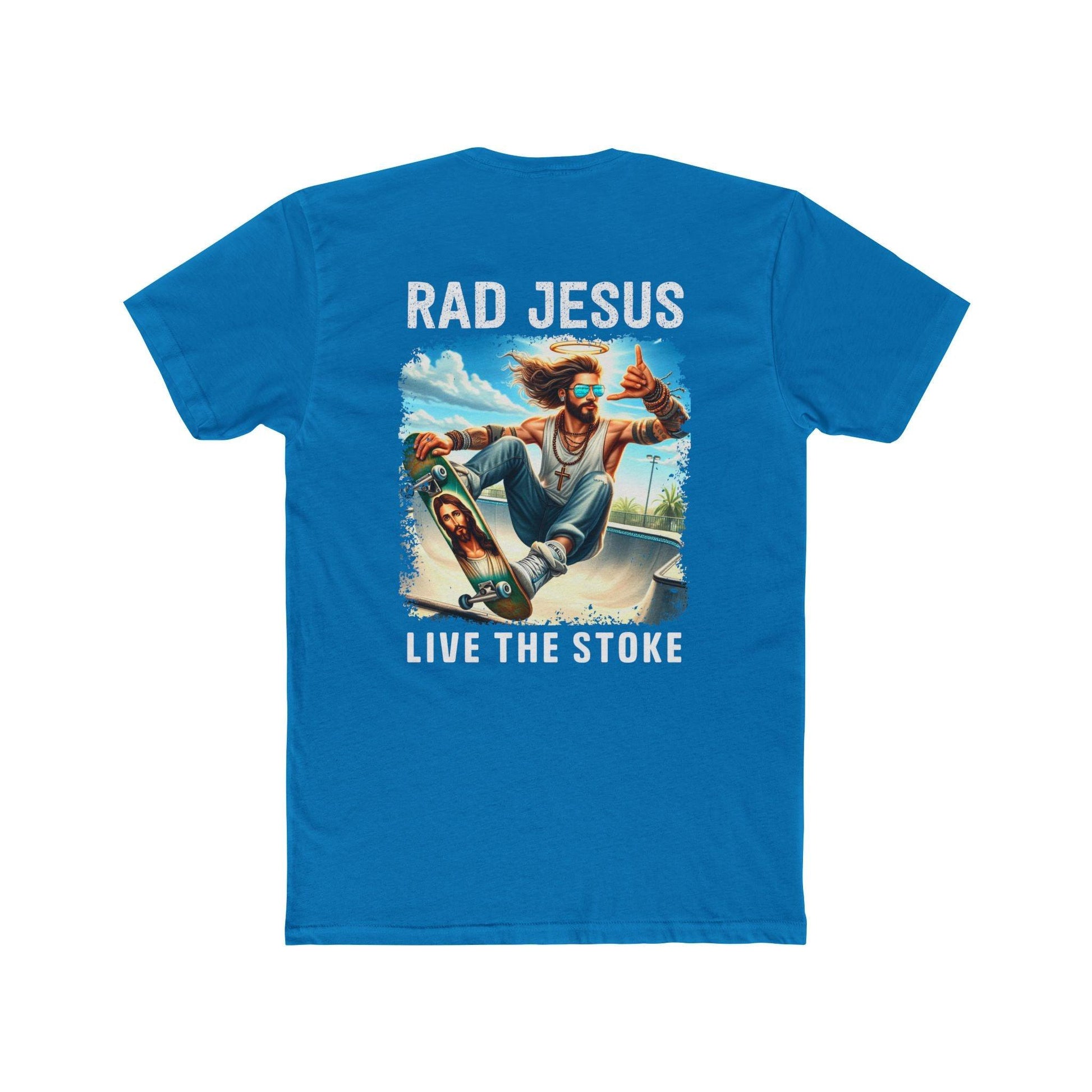 front of light blue double sided skater t-shirt