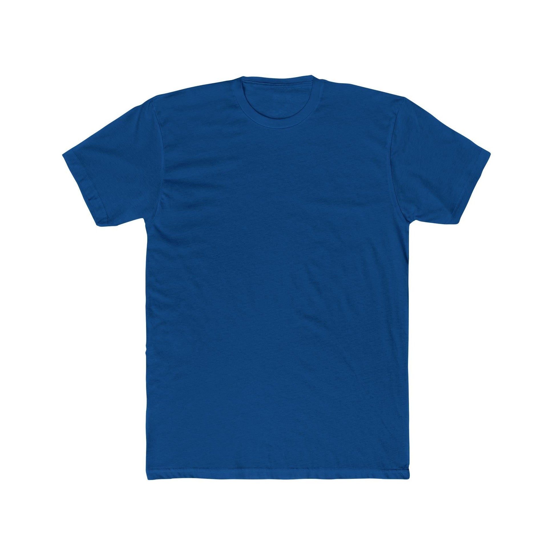 front of darker blue back print skater shirt