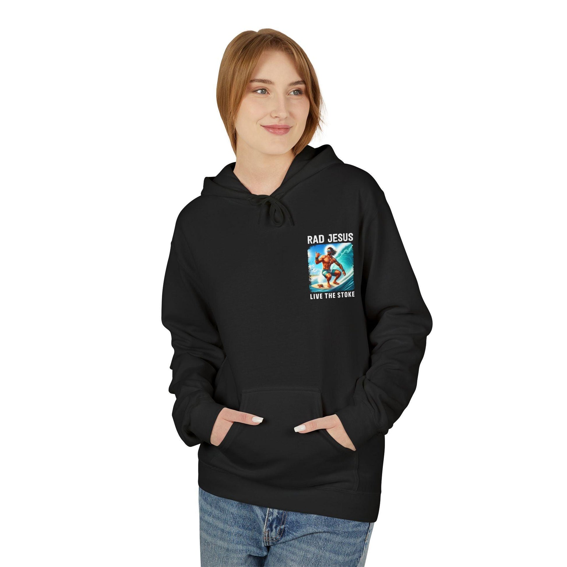 front of woman wearing black pocket print surfer hoodie