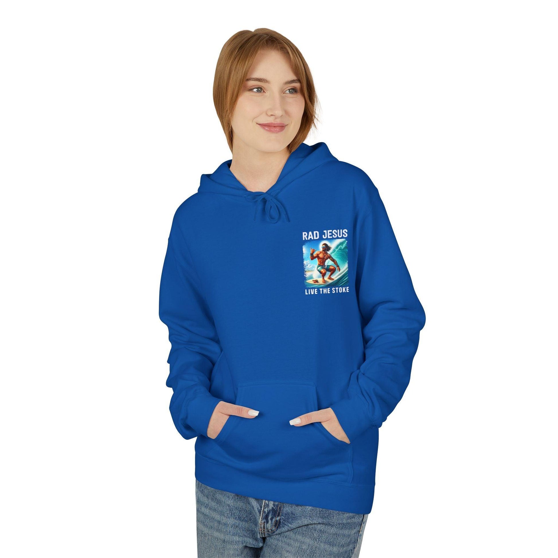 front of woman wearing blue pocket print surfer hoodie