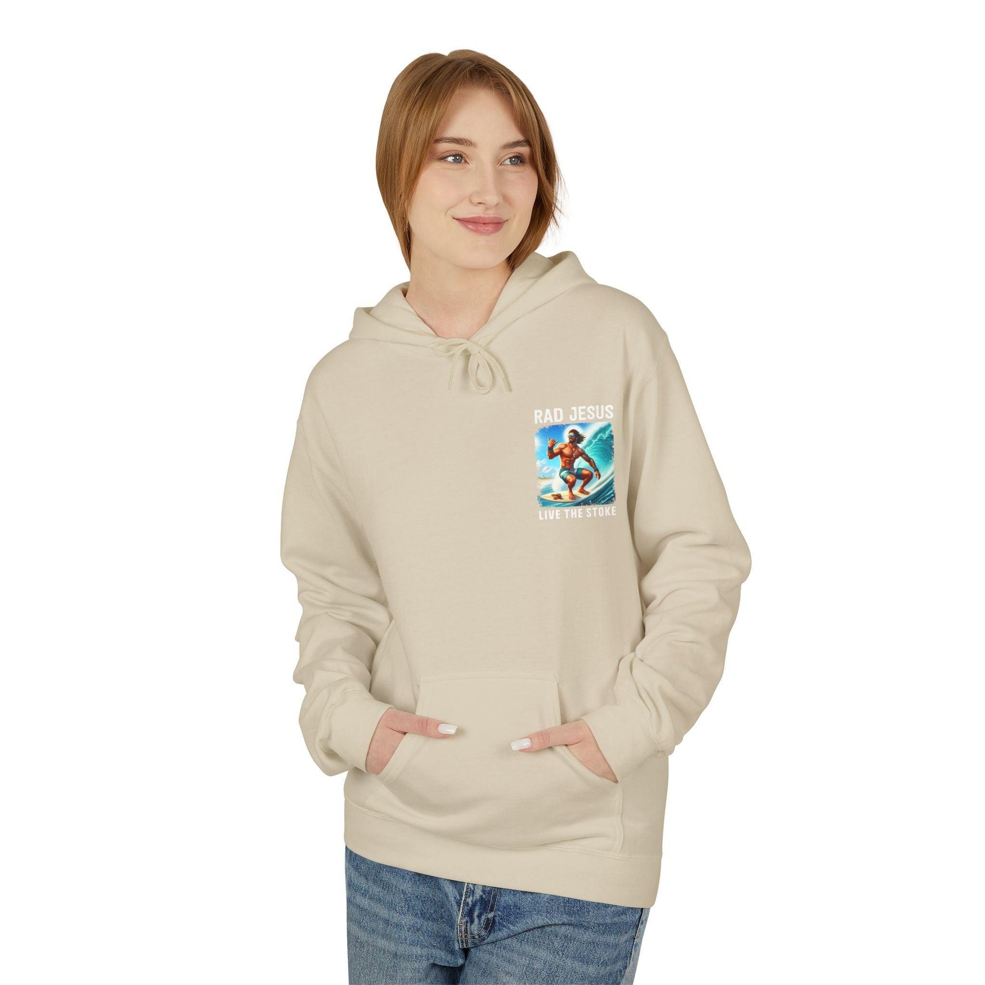 front of woman wearing creme pocket print surfer hoodie