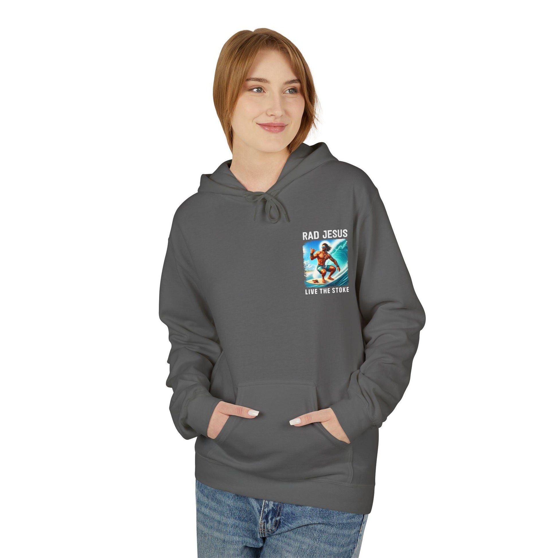 front of woman wearing grey pocket print surfer hoodie