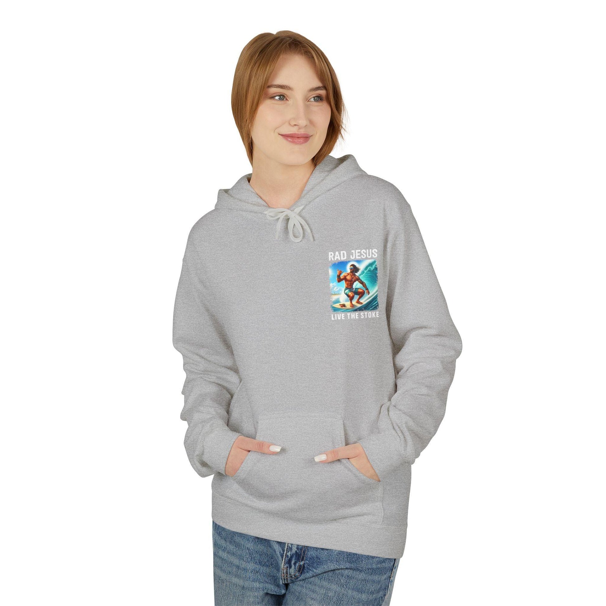 front of woman wearing light grey pocket print surfer hoodie