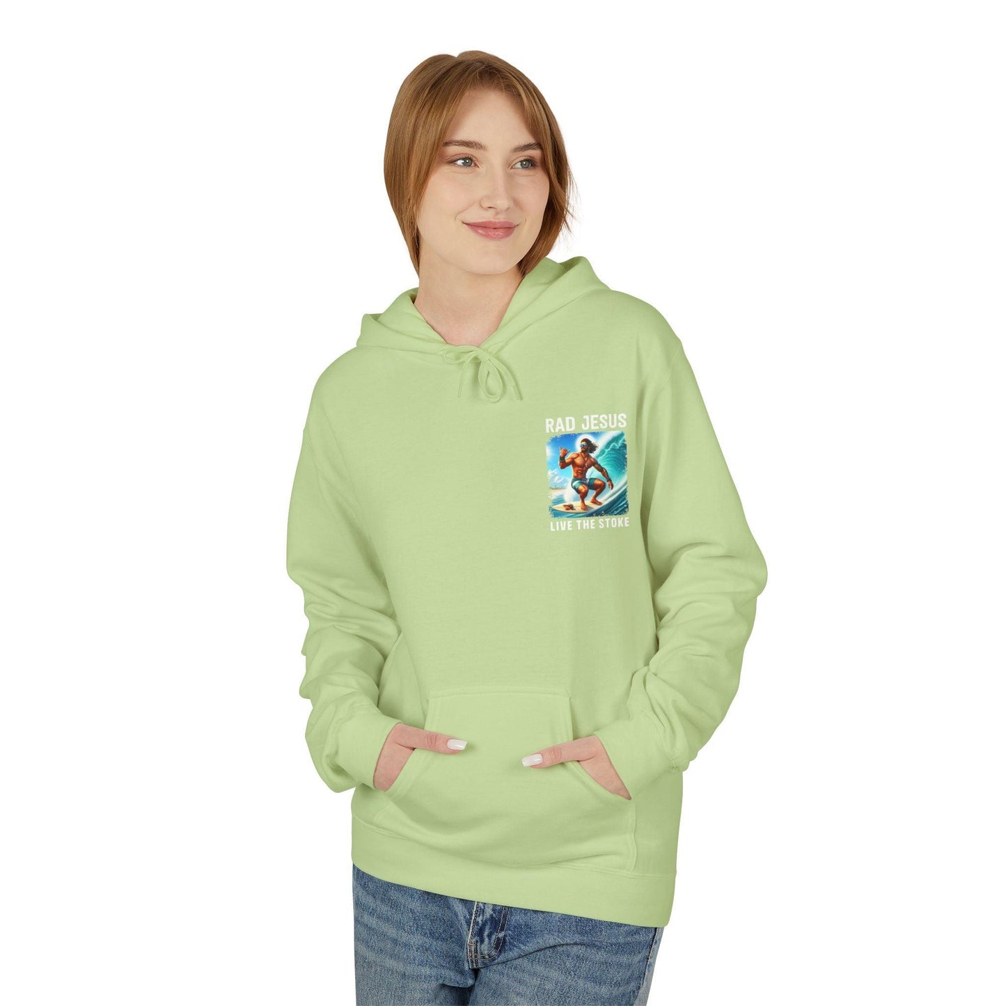 front of woman wearing lime green pocket print surfer hoodie