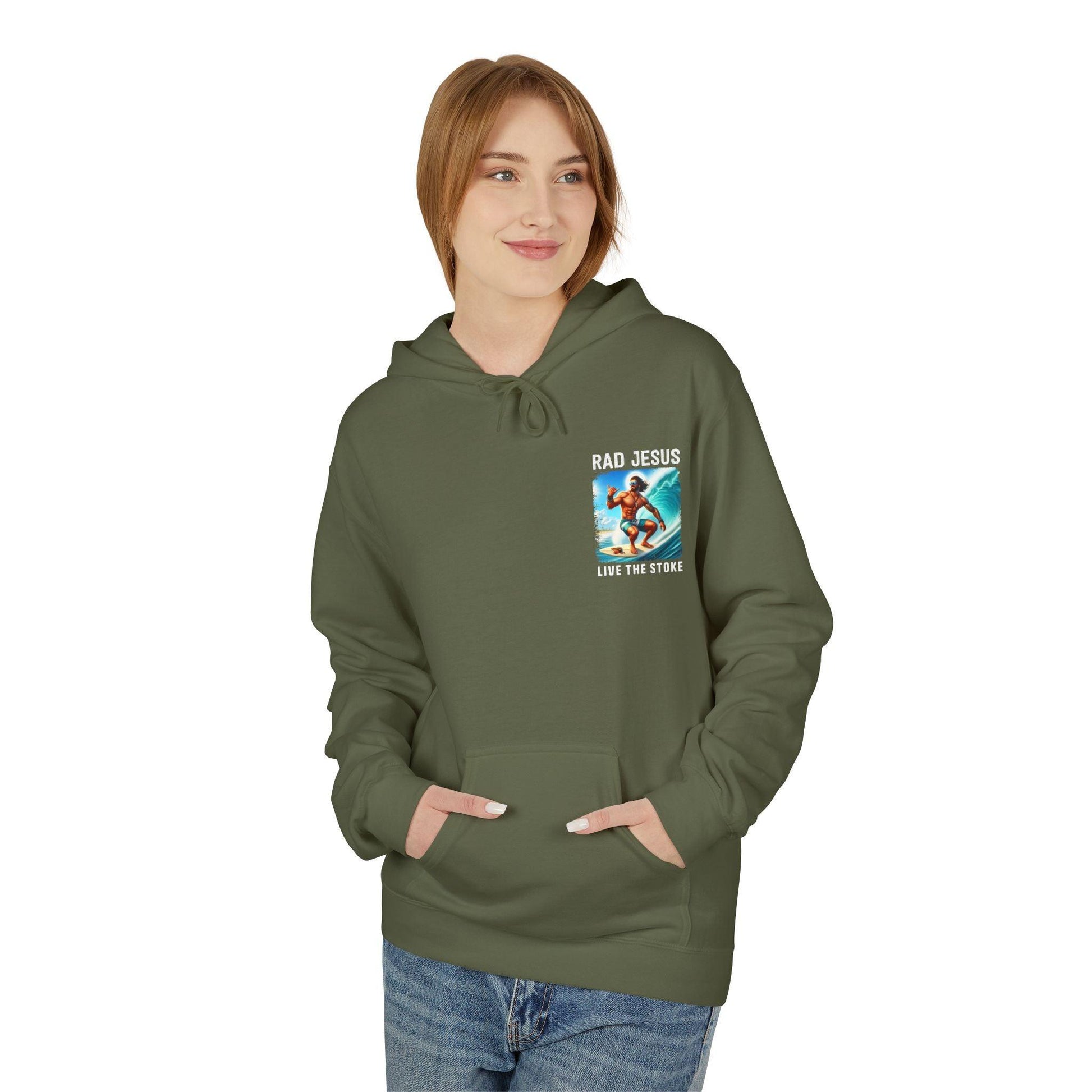 front of woman wearing olive green pocket print surfer hoodie