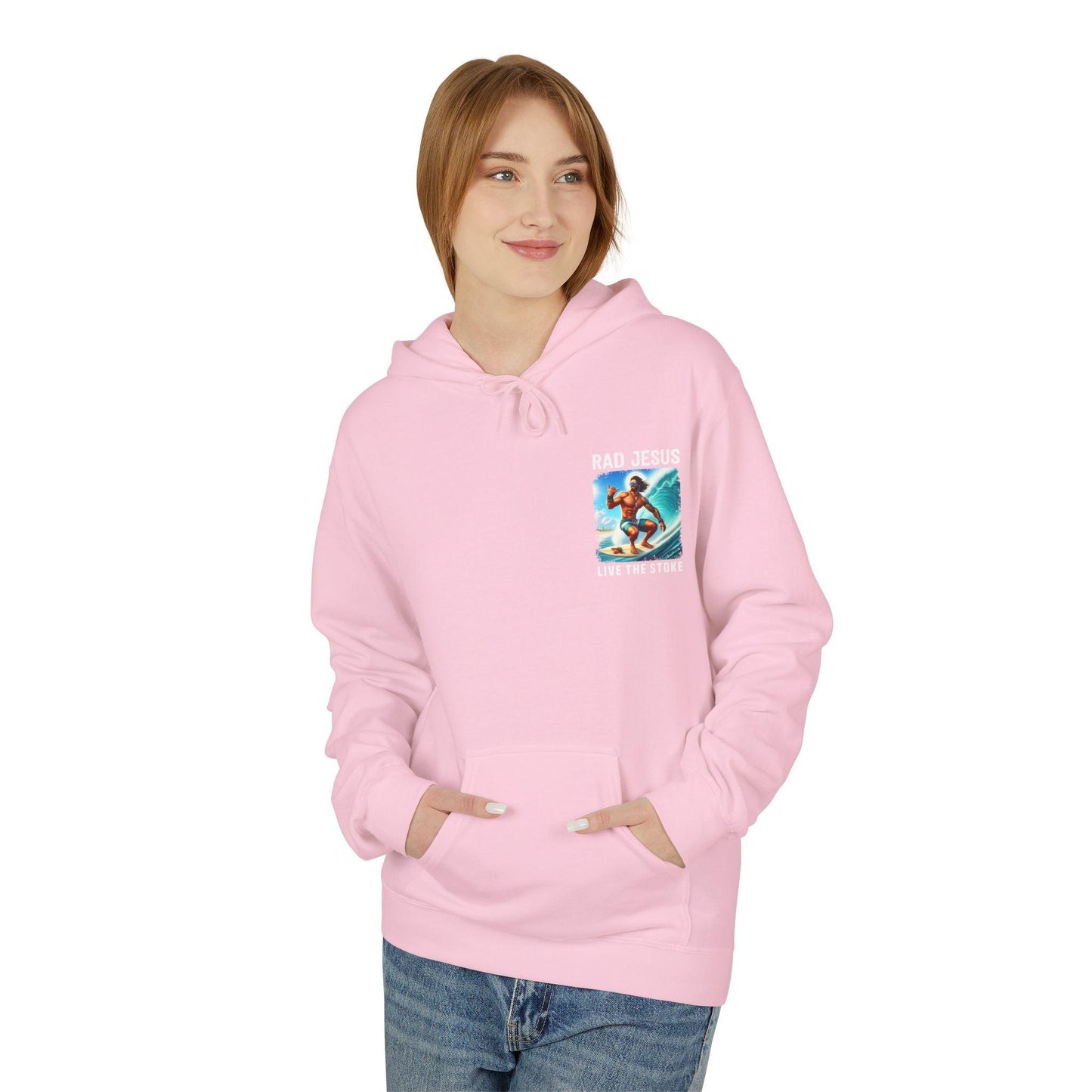 front of woman wearing pink pocket print surfer hoodie