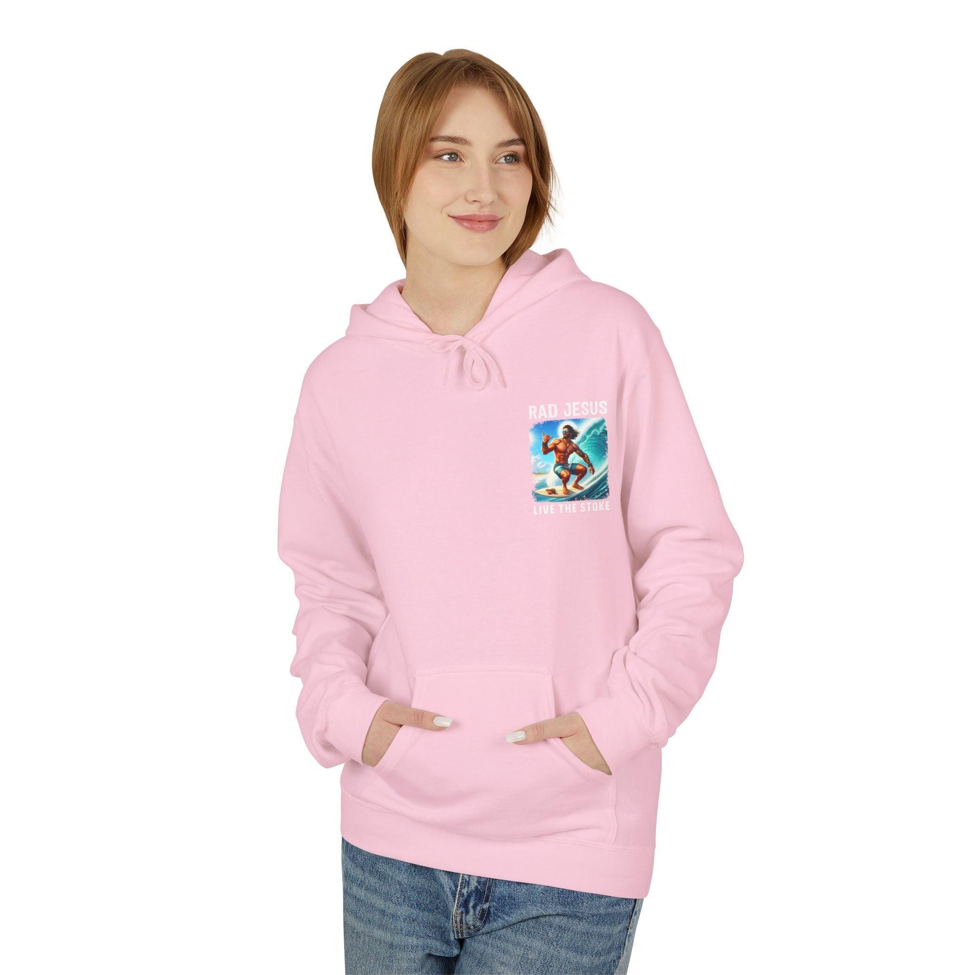 front of woman wearing pink pocket print surfer hoodie