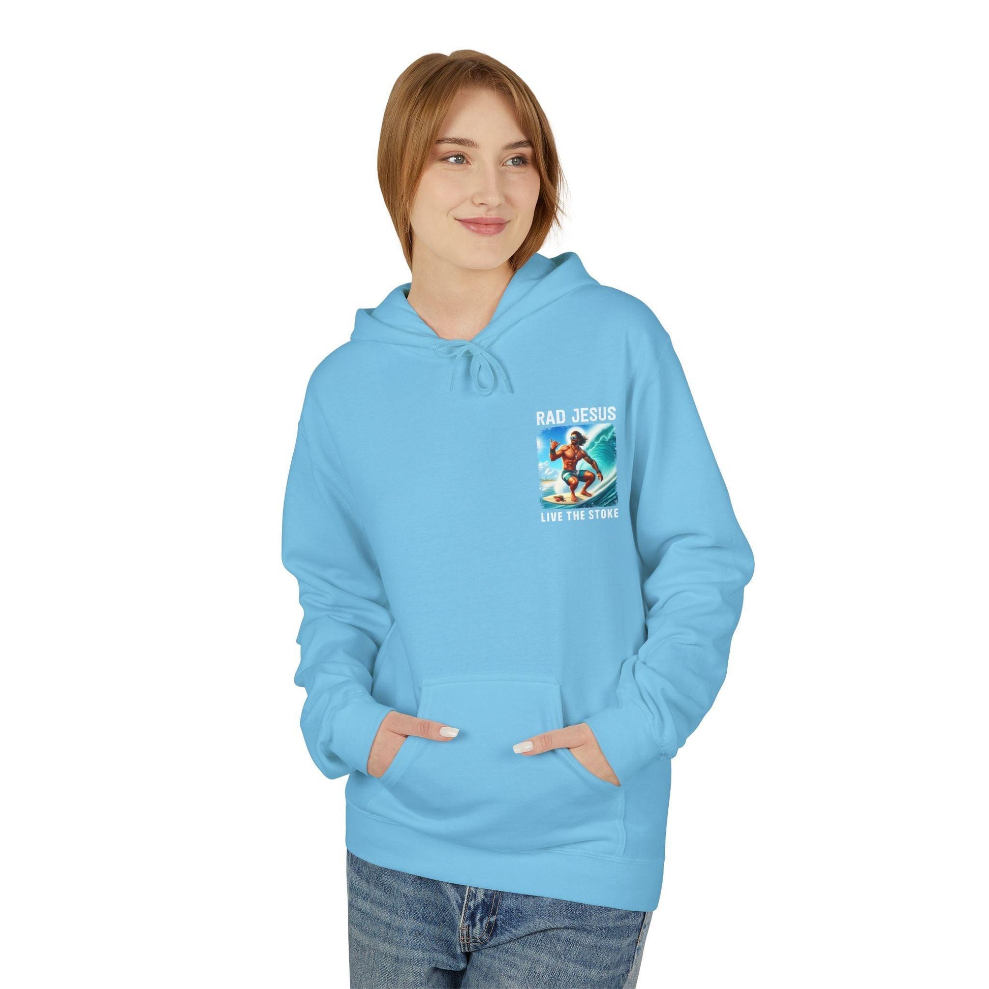 front of woman wearing sky blue pocket print surfer hoodie