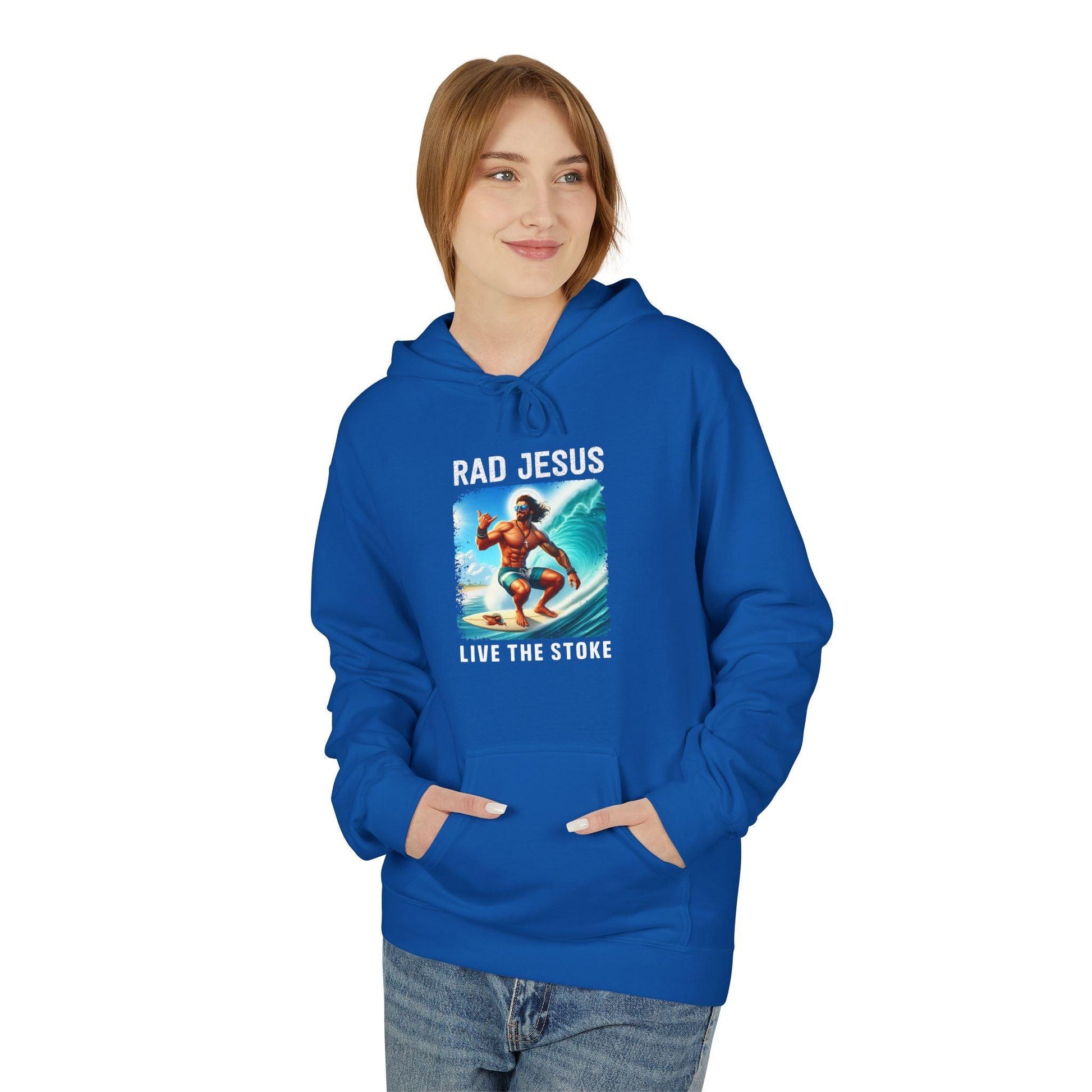 front of woman wearing blue surfer hoodie