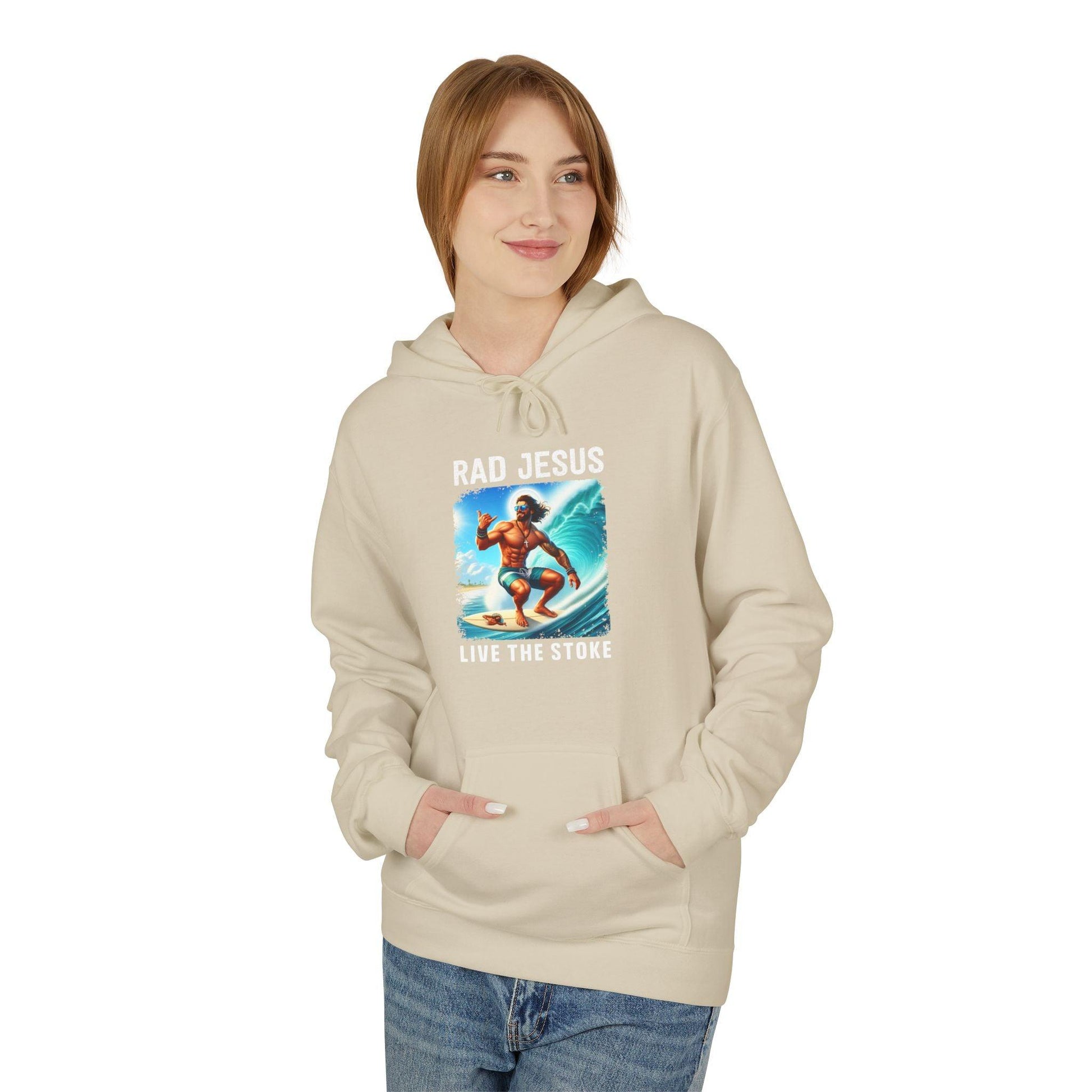 front of woman wearing creme surfer hoodie