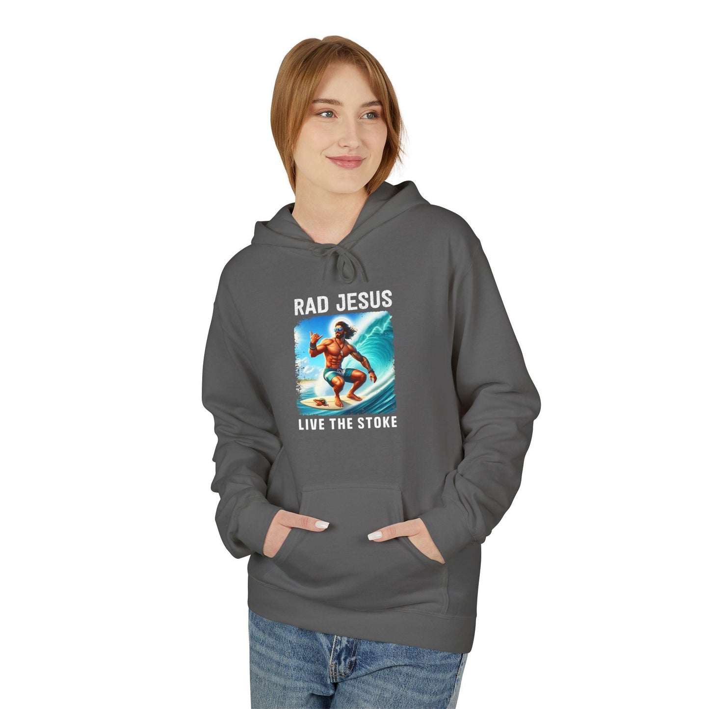 front of woman wearing grey surfer hoodie
