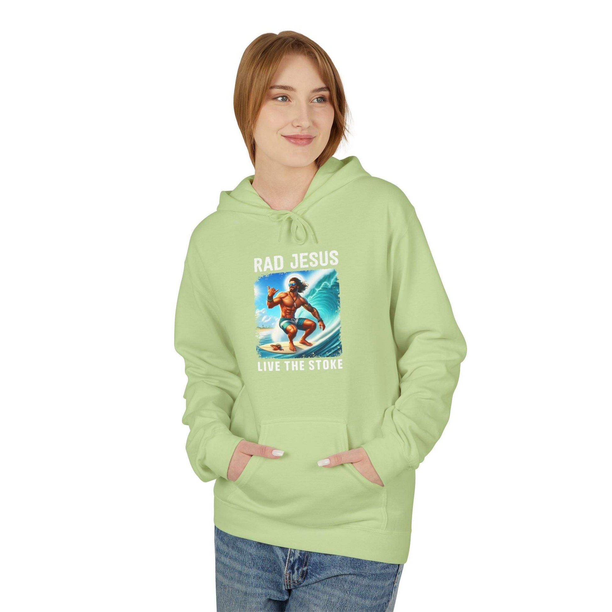front of woman wearing lime green surfer hoodie