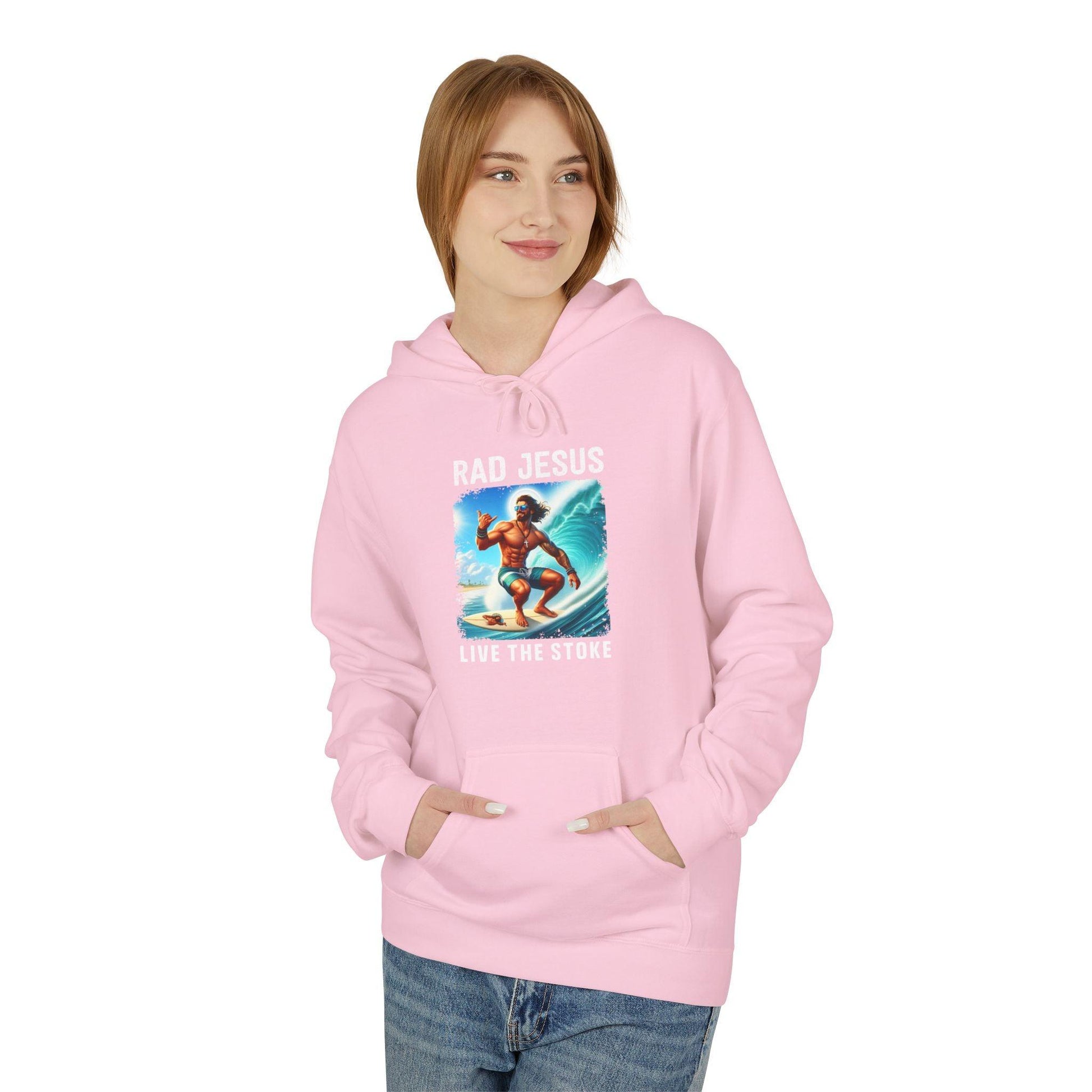 front of woman wearing pink surfer hoodie