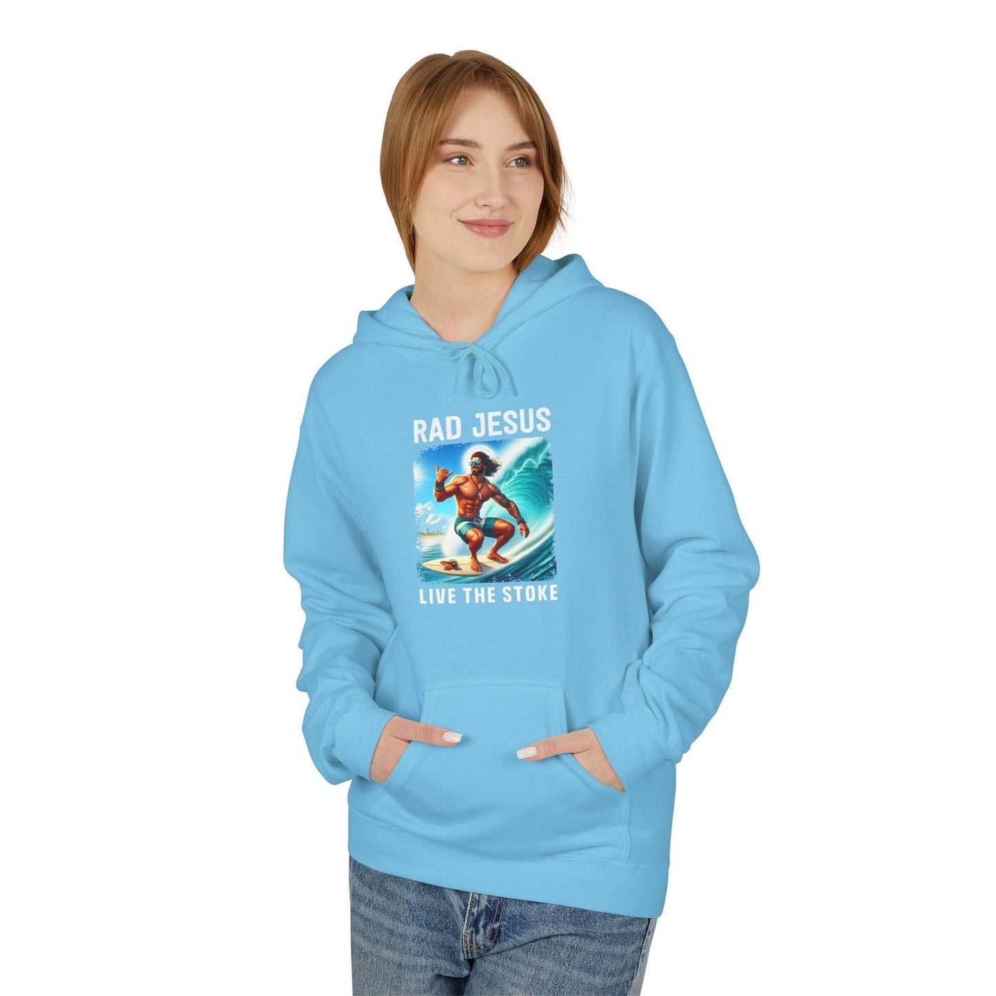 front of woman wearing sky blue surfer hoodie