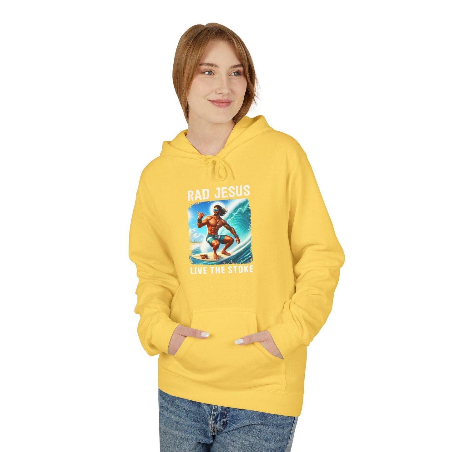 front of woman wearing yellow surfer hoodie