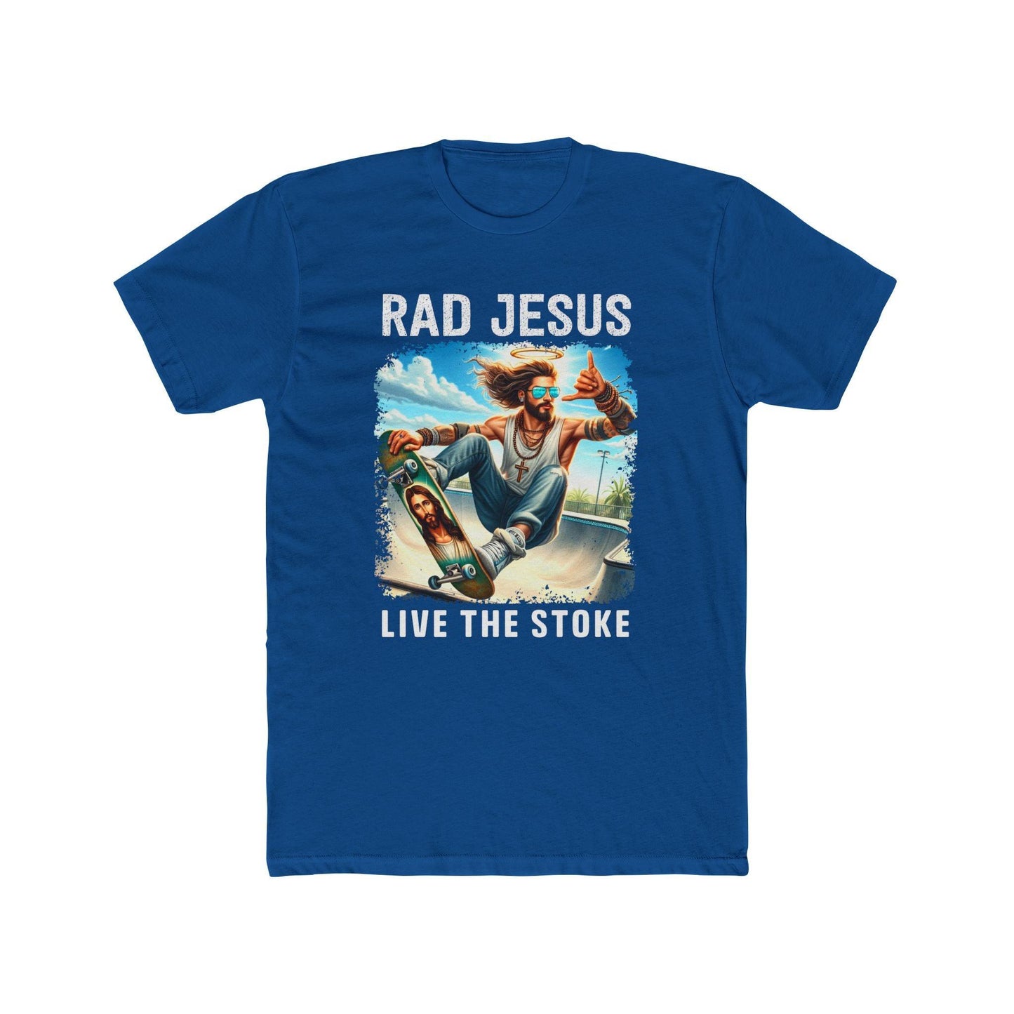 darker blue front print skater shirt