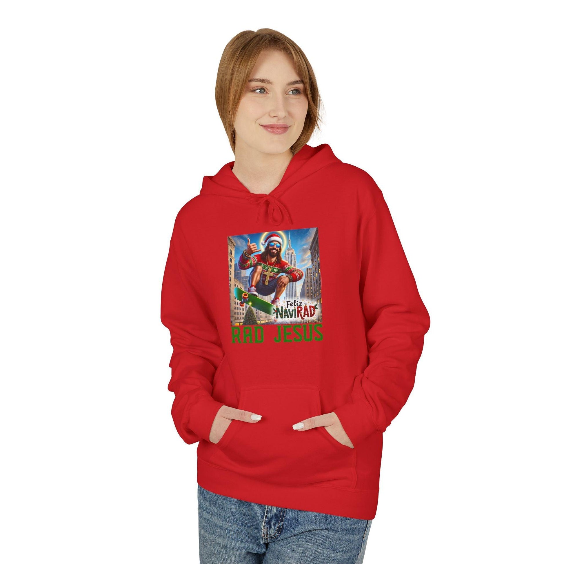 woman wearing red Feliz NaviRAD hoodie