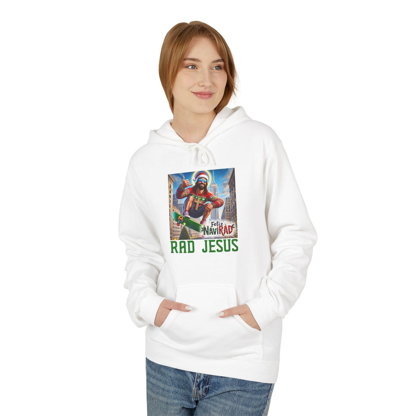 woman wearing white Feliz NaviRAD hoodie