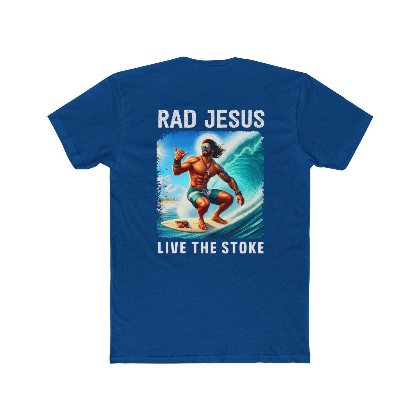back of darker blue double sided surf shirt 