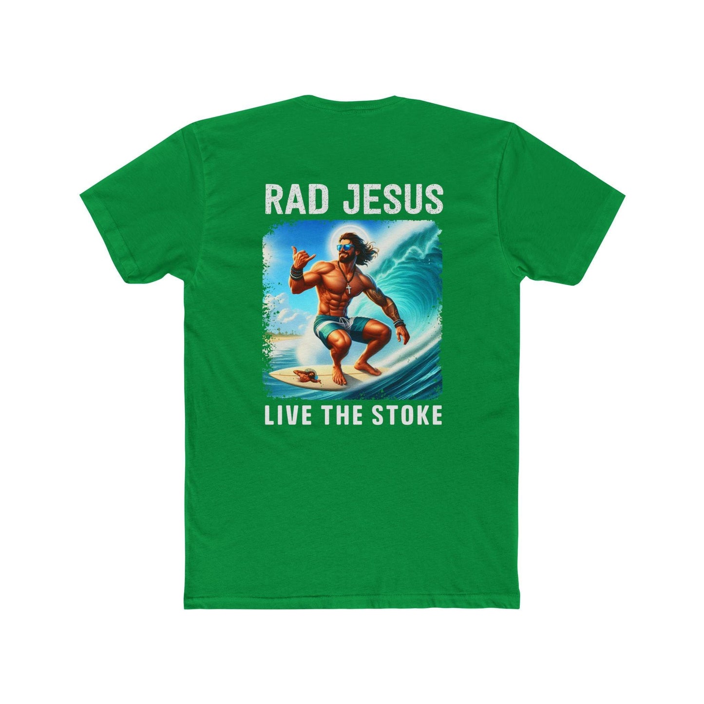 back of green double sided surf shirt 