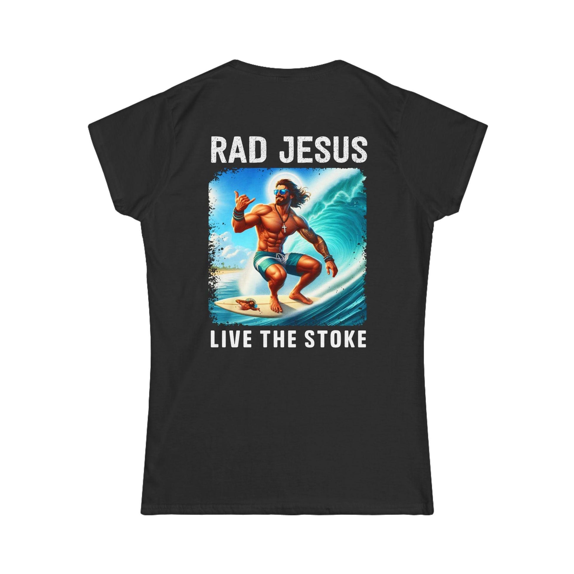 back of black women's 2-sided surf tee