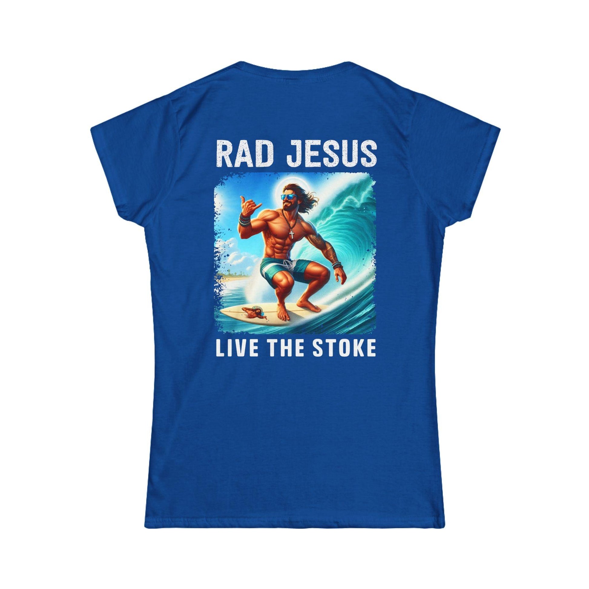 back of blue women's 2-sided surf tee
