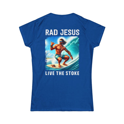 back of blue women's 2-sided surf tee