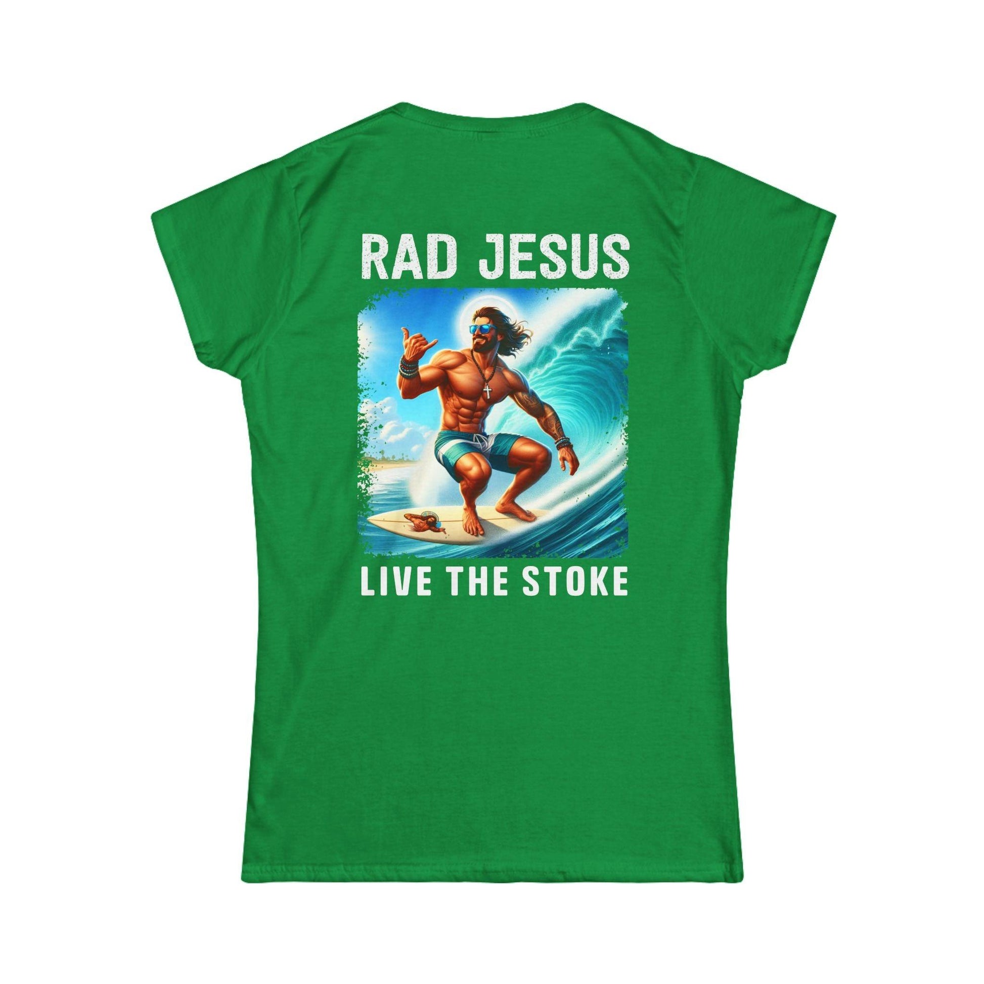 back of green women's 2-sided surf tee