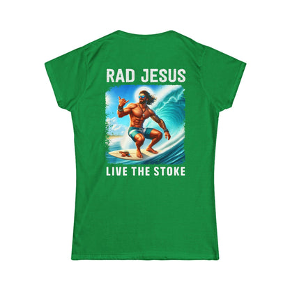 back of green women's 2-sided surf tee