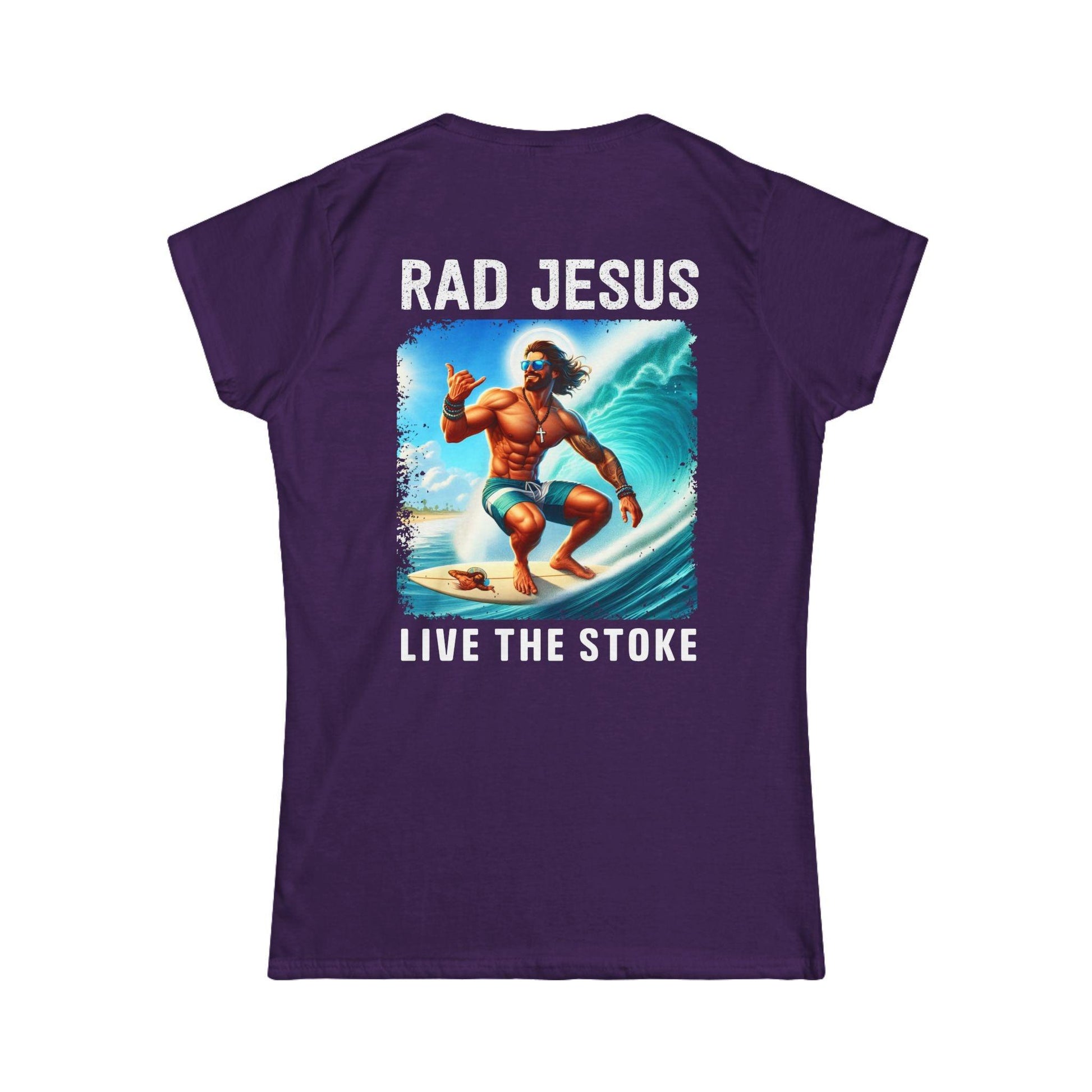 back of purple women's 2-sided surf tee