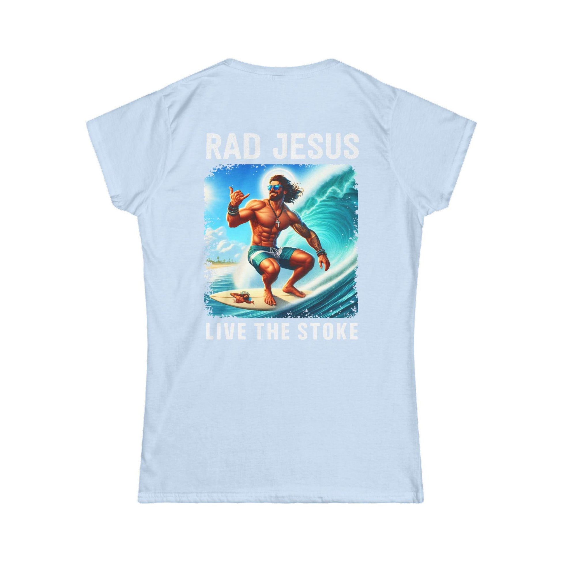 back of sky blue women's 2-sided surf tee