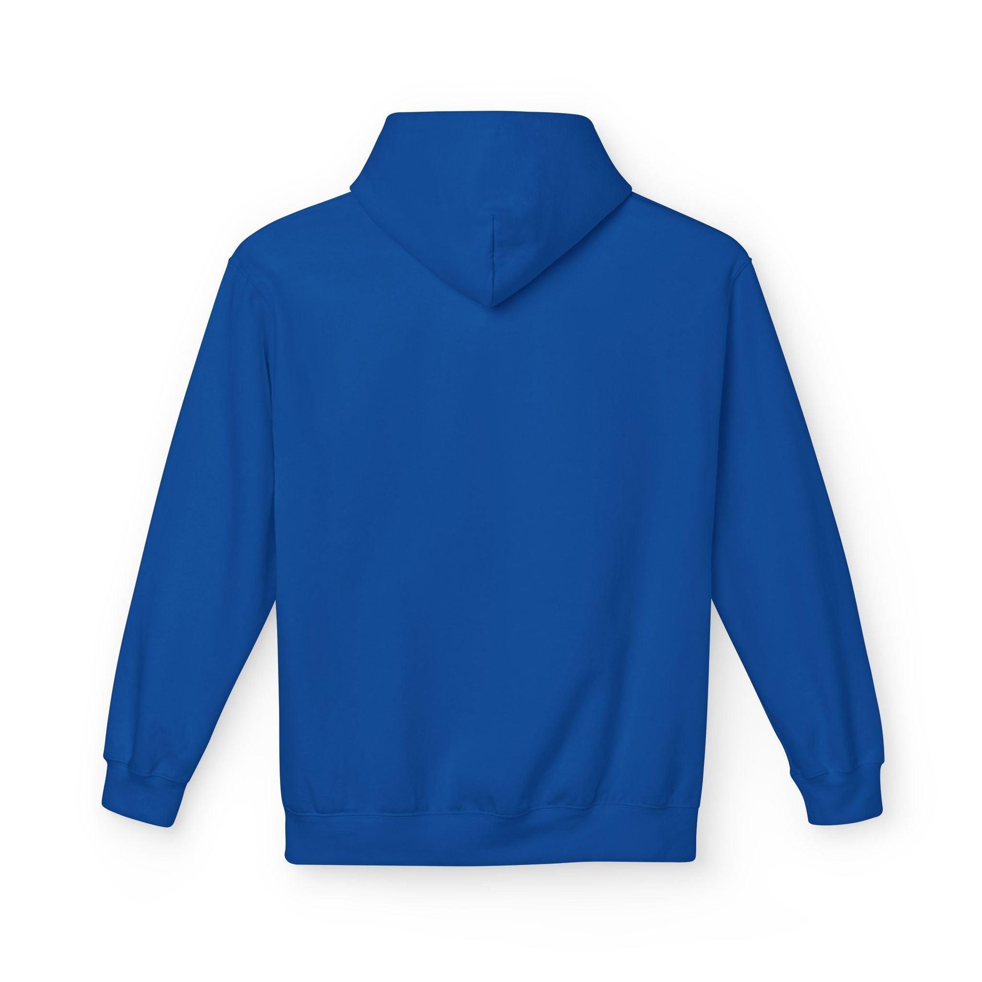 back of blue pocket print hoodie