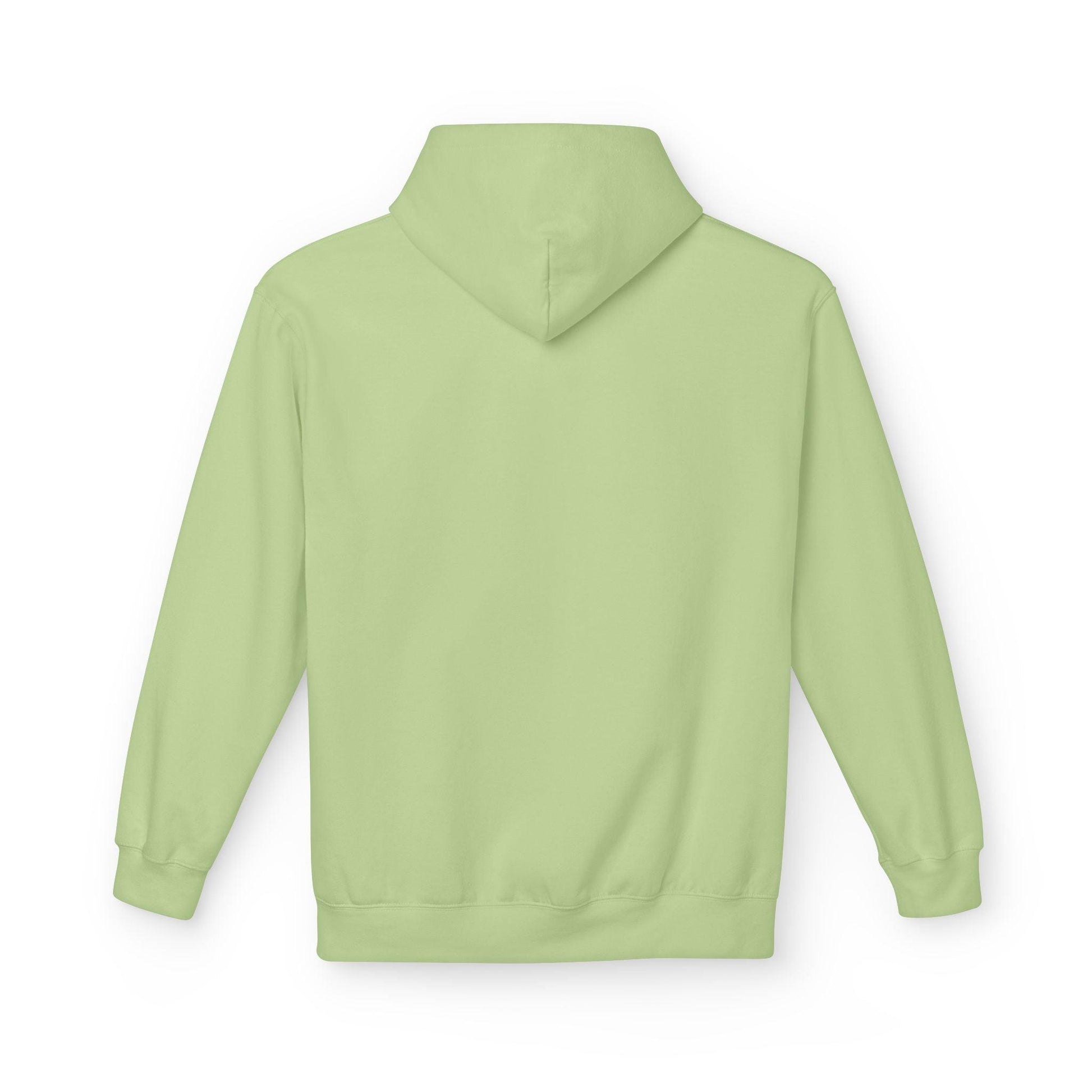 back of lime green pocket print hoodie