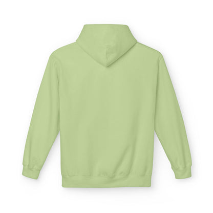 back of lime green pocket print hoodie