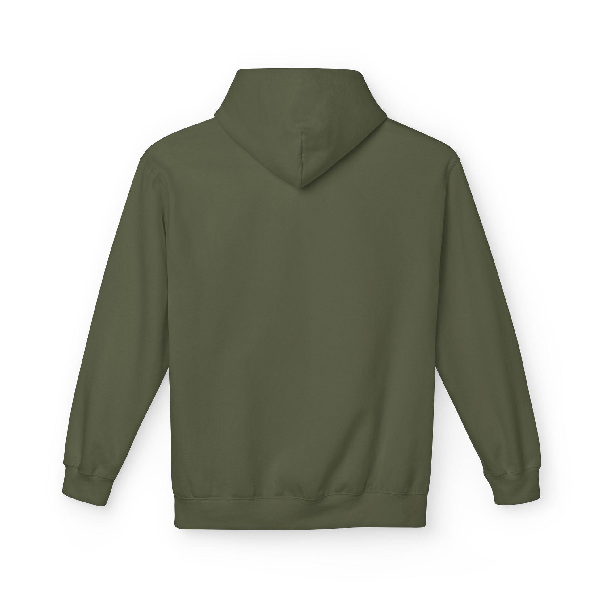 back of olive green pocket print hoodie