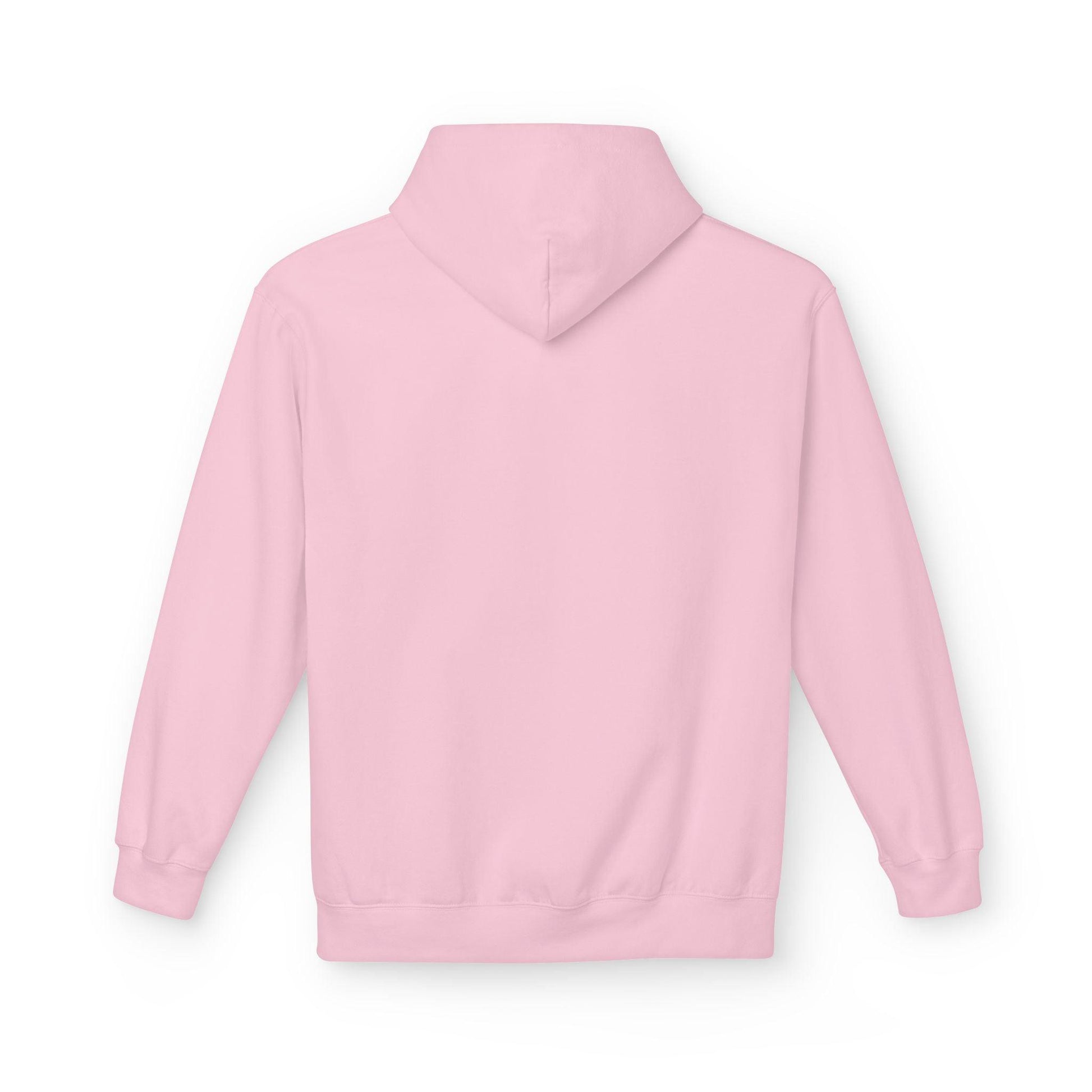 back of pink pocket print hoodie
