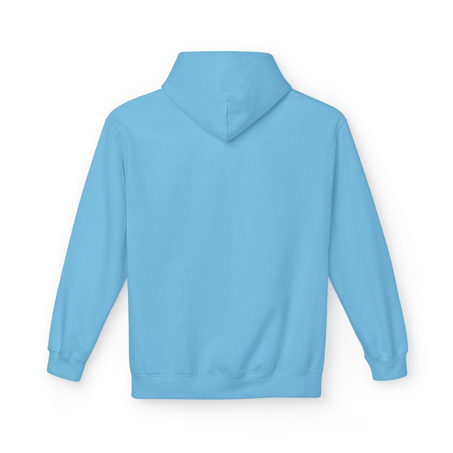 back of sky blue pocket print hoodie
